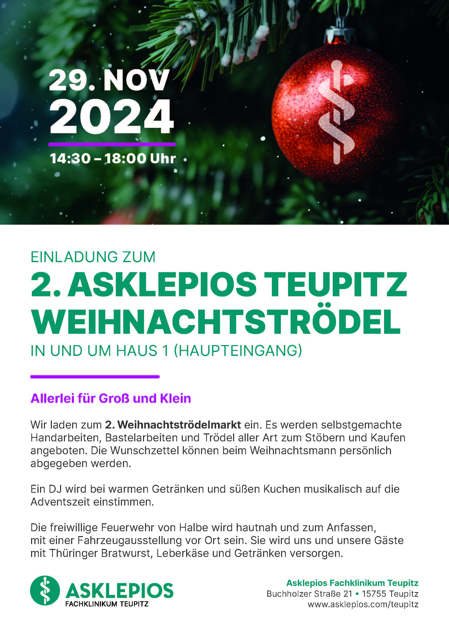 Zu sehen ist das Ankündigungsplakat zum 2. Asklepios Teupitz Weihnachtströdel.