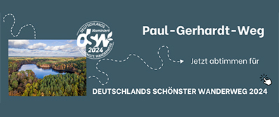 Zu sehen ist das Banner zur Abstimmung „Deutschlands Schönster Wanderweg 2024“ für den Paul-Gerhardt-Weg.