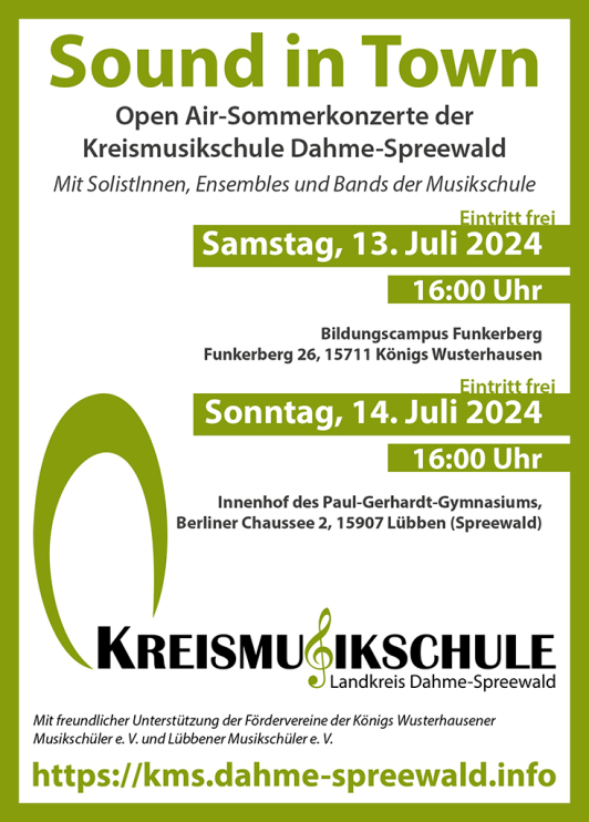 Zu sehen ist das Ankündigungsplakat "Sound in Town 2024" in Königs Wusterhausen und Lübben.