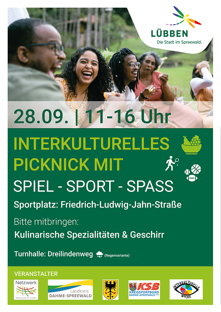 Zu sehen ist das Ankündigungsplakat zum interkulturellen Picknick in Lübben am 28. September 2024 ab 11 Uhr.