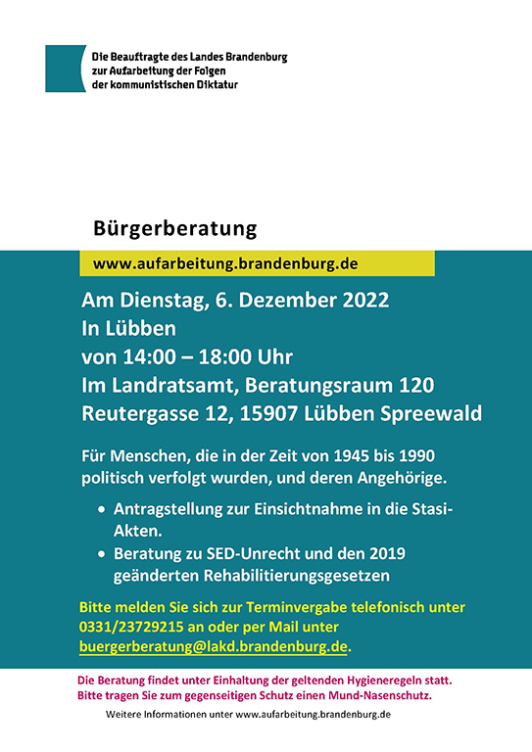 Abgebildet ist das Plakat der Bürgerberatung zur Einsichtnahme in die Stasi-Akten und zum SED-Unrecht.
