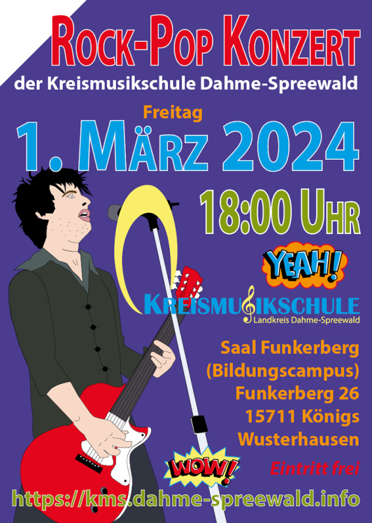 Zu sehen ist das Ankündigungsplakat zum Rock-Pop-Konzert 2024 der Kreismusikschule Dahme-Spreewald.