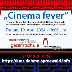 Zu sehen ist das Ankündigungsplakat zu „Cinema fever“ im Sport- und Kulturzentrum in Zeuthen am 19. April 2024.